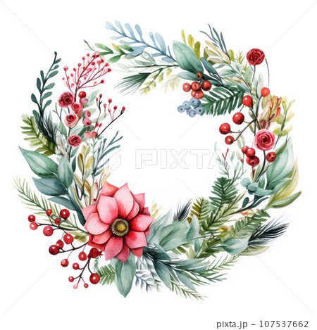 Festive watercolor wreath of poinsettia winter berry and evergreen fir pine branches. Generative AI 107537662