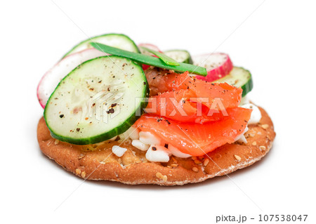 Cracker Sandwich with Salmon, Cucumber, Radish, Cottage Cheese and Green Onions - Isolated Cracker Sandwich with Salmon, Cucumber, Radish, Cottage Cheese and Green Onions - Isolated 107538047