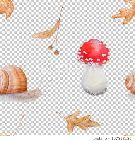 Seamless pattern with Red fly agaric, dry leaves, linden seeds, snail. Watercolor hand drawn realistic botanical illustration Amanita muscaria mushrooms for background, paper, textile, wallpaper 107538156
