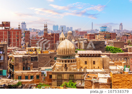 Typical view of Islamic Cairo, mosques and buildings of the capital of Egypt 107538379