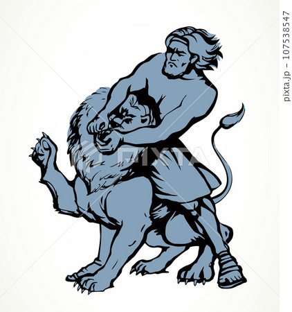 Samson fights a lion. Vector drawing Samson fights a lion. Vector drawing 107538547