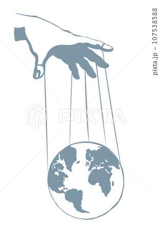 Man hand with a World map. Vector drawing concept 107538588