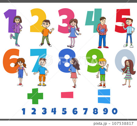 educational numbers set with children and teen characters 107538817