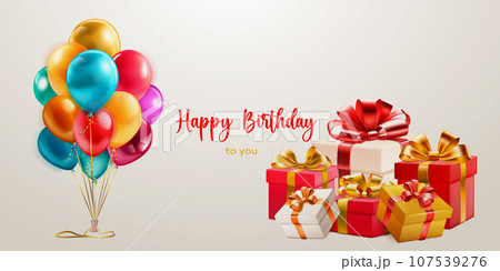 Festive birthday illustration with balloons and gift boxes 107539276