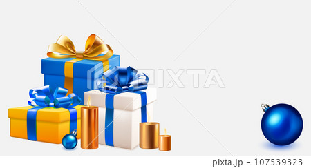 Colored gift boxes, candles and balls Colored gift boxes, candles and balls 107539323