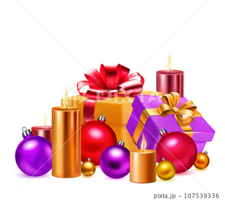 Gift boxes, candles and balls Gift boxes, candles and balls 107539336