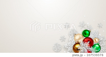 Christmas illustration with paper snowflakes and balls Christmas illustration with paper snowflakes and balls 107539378