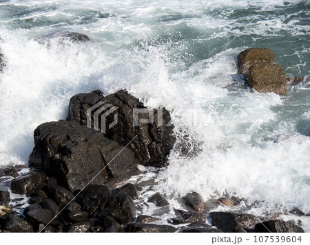 海岸の岩と波飛沫。10月の日本海(若狭湾)の海岸。 107539604