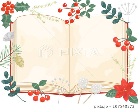 雪と植物と本を組み合わせた冬の読書をイメージしたイラスト 107540572