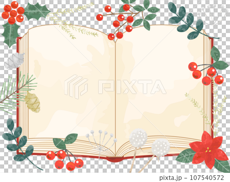 雪と植物と本を組み合わせた冬の読書をイメージしたイラスト 107540572