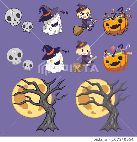 ハロウィンのかぼちゃと可愛いおばけと魔女のキャラクター ハロウィンのかぼちゃと可愛いおばけと魔女のキャラクター 107540954