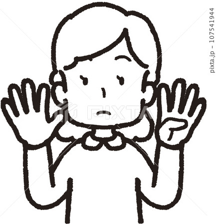 左手は4本指、右手は5本指の54のハンドサインをしている女性の上半身線画イラスト 107541944