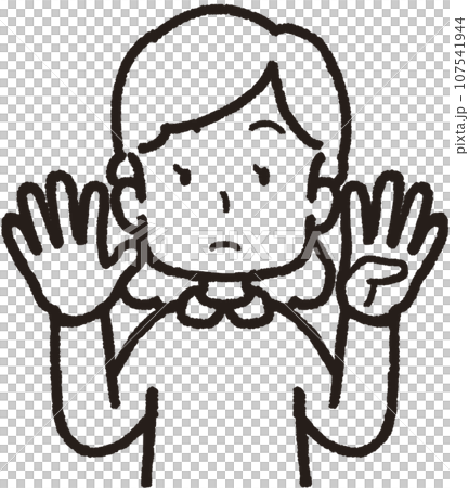 左手は4本指、右手は5本指の54のハンドサインをしている女性の上半身線画イラスト 107541944