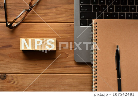 NPSに並べられた木のキューブとPCとノートとペン NPSに並べられた木のキューブとPCとノートとペン 107542493