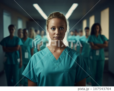 Photo Realistic Image of Medical Professionals in Hospital Hallway, AI Generated 107543764