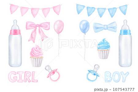 Set for gender reveal party, baby shower. Newborn boy or girl. Blue pink flags, milk bottle, pacifier, bow, balloon. Hand drawn watercolor illustration isolated on white background Set for gender reveal party, baby shower. Newborn boy or girl. Blue pink flags, milk bottle, pacifier, bow, balloon. Hand drawn watercolor illustration isolated on white background 107543777