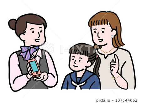中学生の親におすすめの機種を見せる携帯ショップ店員の女性 中学生の親におすすめの機種を見せる携帯ショップ店員の女性 107544062