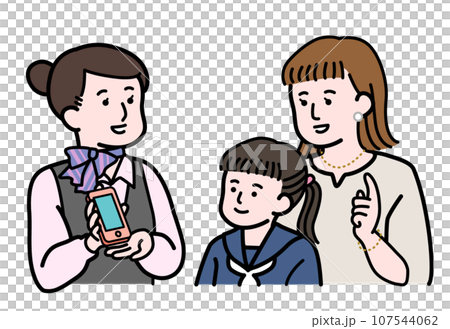 中学生の親におすすめの機種を見せる携帯ショップ店員の女性 中学生の親におすすめの機種を見せる携帯ショップ店員の女性 107544062
