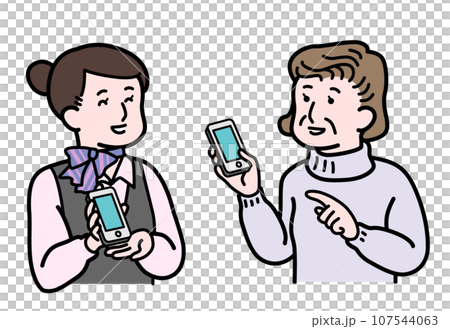 A senior woman consults a female clerk at a smartphone shop about changing her smartphone model. 107544063
