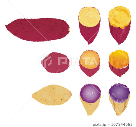 さつま芋3種類_紅あずま・安納芋・紫芋_1本/半分/焼き芋のイラスト_和紙ちぎり絵風 107544663