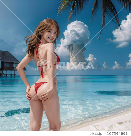 モルディブの海でビキニ水着で振り返る女性　AI画像　AI写真 107544691