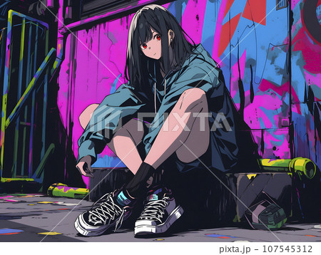 グラフィティアートの描かれた壁に近くに座る女性（AI生成画像）の