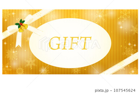 クリスマスのギフトカード、金のラインが入ったプラチナリボンと雪の結晶デザイン 107545624