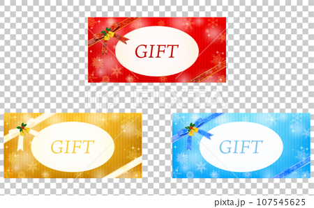 クリスマスのギフトカード、リボンと雪の結晶デザイン、赤と金色と青のカードセット 107545625