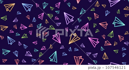 seamless pattern paper airplane glowing desktop icon, neon message sticker, neon figure, glowing figure, neon geometrical figures  107546121