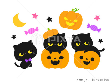ハロウィン 黒ネコとカボチャのおばけのイラスト素材 [107546190] - PIXTA