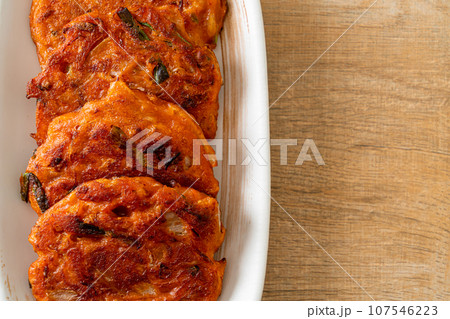 Korean Kimchi pancake or Kimchijeon - Fried Mixed Egg, Kimchi, and Flour Korean Kimchi pancake or Kimchijeon - Fried Mixed Egg, Kimchi, and Flour 107546223