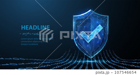 Secure technology. Polygonal wireframe shield with check mark sign on dark blue. 107546654