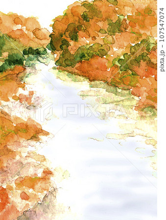 川の流れる紅葉した森の中の水彩イラスト 景色素材 川の流れる紅葉した森の中の水彩イラスト 景色素材 107547074