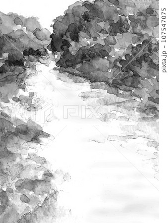 川の流れる紅葉した森の中の水墨画風水彩イラスト モノトーン