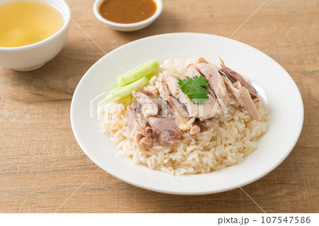 Hainanese Chicken Rice or steamed rice with chicken Hainanese Chicken Rice or steamed rice with chicken 107547586