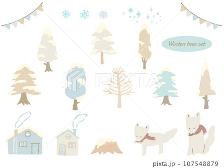 白とベージュカラーの積雪のある木とキツネ、手描きのイラストセット 107548879