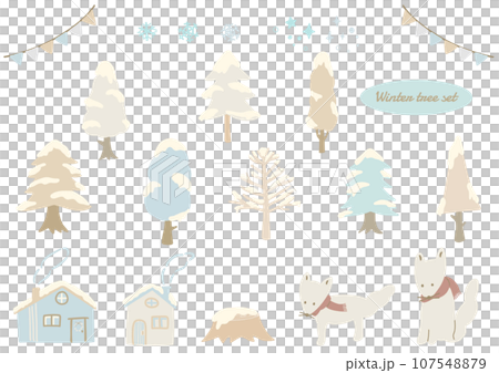 白とベージュカラーの積雪のある木とキツネ、手描きのイラストセット 107548879