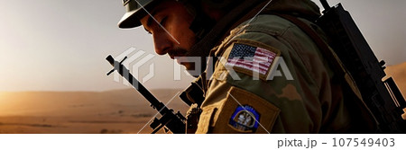 Close up face of Military special forces soldier crosses destroyed warzone through fire and smoke in the desert. Contemporary battlefield. Modern war. Special military operation. Generative AI 107549403