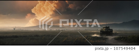 Remains of tanks destroyed and burned in battlefield. Rusty tank hull without turrets among the bushes on a forest edge. Contemporary battlefield. Modern war. Special military operation. Generative AI 107549404