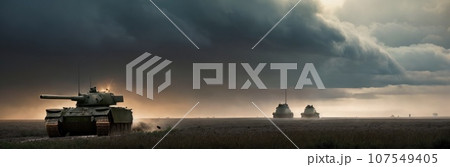 Armored tanks in row crosses a mine field during war, epic scene, forest on background, steam, fog, clouds of dust. Contemporary battlefield. Modern war. Special military operation. Generative AI 107549405