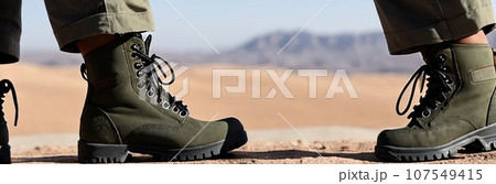 Military boots for men. Hike boots used for equipment military and special forces. Details and close-up. Contemporary battlefield. Modern war. Special military operation. Banner. Generative AI 107549415