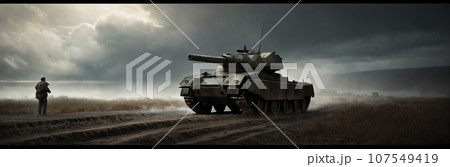Armored tanks stand on battlefield after battle late summer or autumn evening during war, steam, fog, clouds of dust. Contemporary battlefield. Modern war. Special military operation. Generative AI 107549419