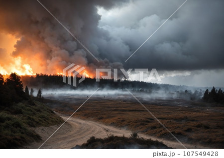 Fire, dust and smoke after shelling on battlefield in modern war conflict. Contemporary field of war. Modern war. Special military operation. Generative AI 107549428