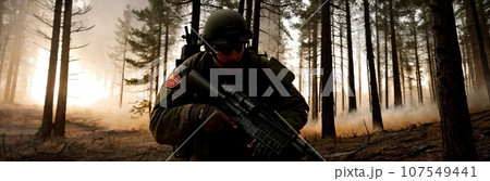 Close up of Army ranger special force in forest battle field standby ready to shoot looking around. Fire, smoke. Contemporary battlefield. Modern war. Special military operation. Banner. Generative AI 107549441