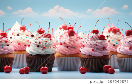 Group of cupcakes on a blue background. 107549875