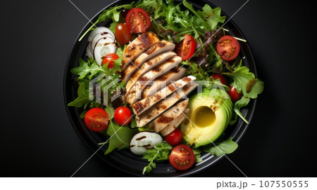 Fresh vegetable salad with tomatoes and arugula leaves and grilled chicken fillet. wholesome fare. a dark background. Lay flat. looking up. the color black 107550555