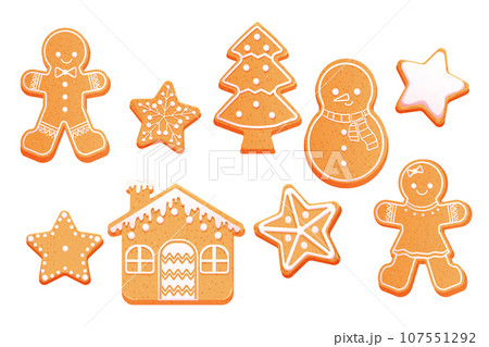 Gingerbread set cute snowman, man, stars, house and christmas tree with icing decoration, seasonal dessert, cookies in cartoon style isolated on white background. Gingerbread set cute snowman, man, stars, house and christmas tree with icing decoration, seasonal dessert, cookies in cartoon style isolated on white background. 107551292