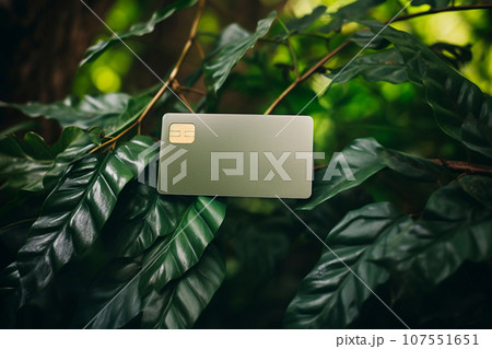 Green credit card on a background of green leaves. Green Friday, sustainable consumption, sustainability, ecology, zero waste and sale concept. Copy space for text 107551651