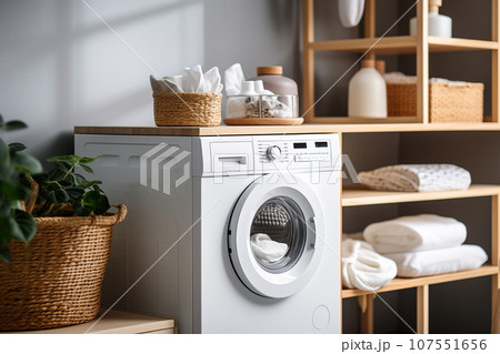Modern washing machine in laundry room interior. Minimalist laundry room with basket and shelving. Bathroom interior 107551656