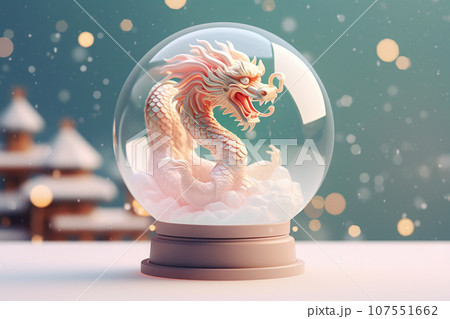 Chinese dragon inside a glass snowball. Statuette of a dragon, 2024 New Year symbol. Chinese New Year, Christmas, winter holidays postcard. Green wooden dragon 2024 Chinese dragon inside a glass snowball. Statuette of a dragon, 2024 New Year symbol. Chinese New Year, Christmas, winter holidays postcard. Green wooden dragon 2024 107551662